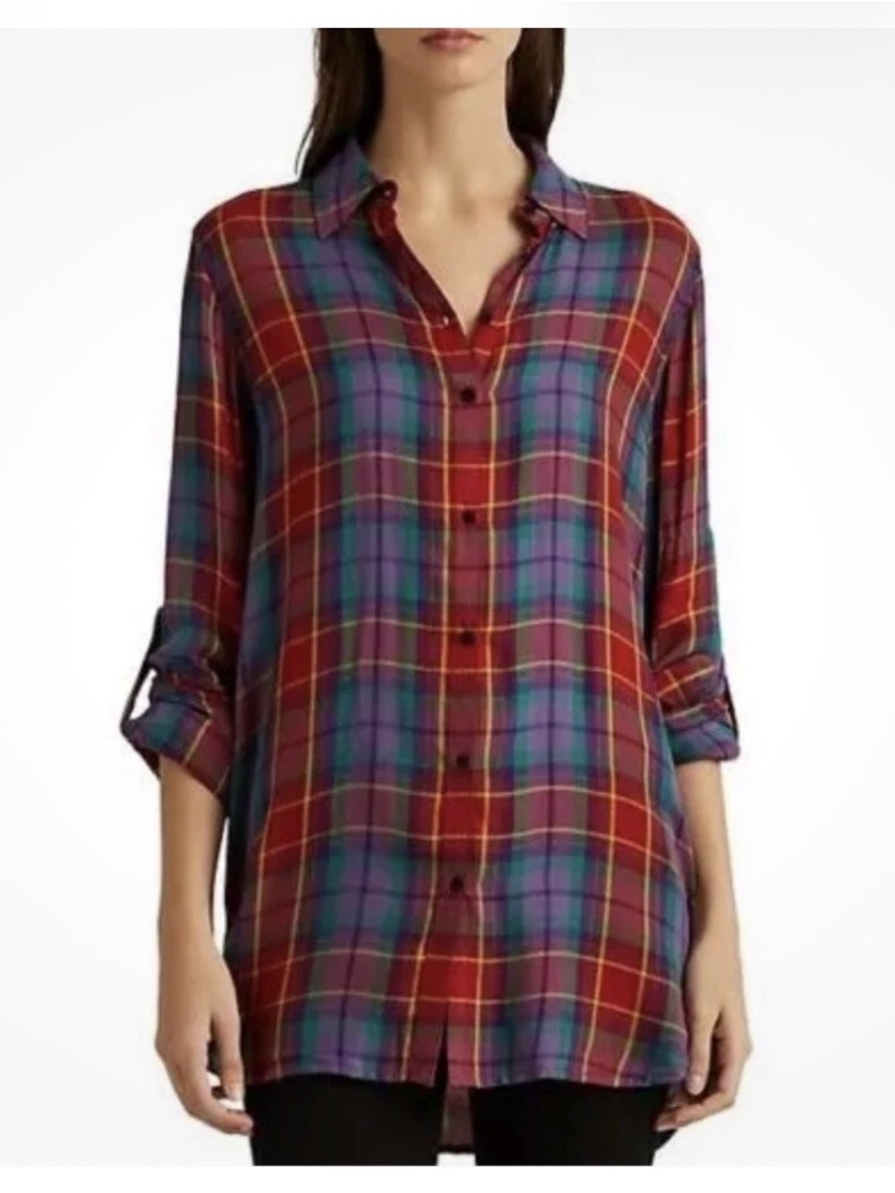 Lauren Ralph Lauren Red and Purple Plaid Button-Down Shirt 100% Viscose